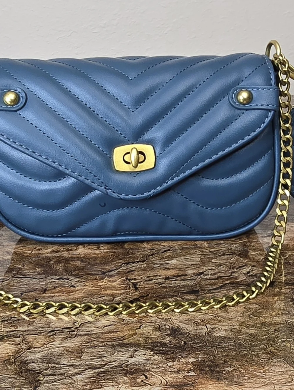 Quilted Blue Crossbody Bag w/ Gold Chain Strap & Mini Coin Pouch – Chic & Trendy